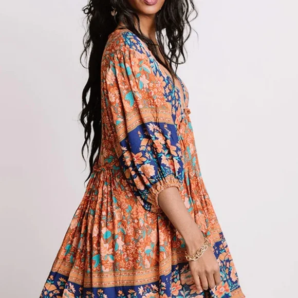 Cezele Womens Boho Floral Vneck Midi Dress Country Western Festival Tunic Small - Picture 5 of 16